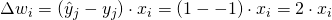 \Delta w_i = (\^{y}_j - y_j) \cdot x_i = (1 - -1) \cdot x_i = 2 \cdot x_i