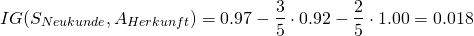 \[ IG(S_{Neukunde},A_{Herkunft}) = 0.97 - \frac{3}{5} \cdot 0.92 - \frac{2}{5} \cdot 1.00 = 0.018 \]