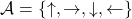 \mathcal{A} = \{\uparrow, \rightarrow, \downarrow, \leftarrow \}