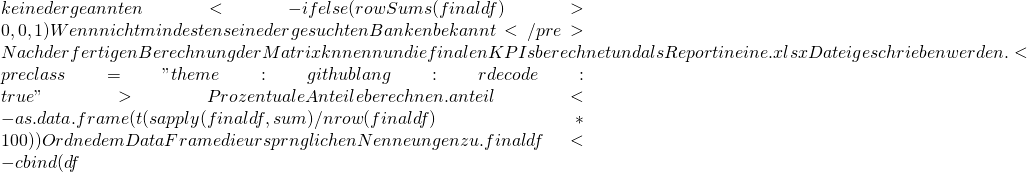 keinedergeannten <- ifelse(rowSums(finaldf) > 0, 0, 1) # Wenn nicht mindestens eine der gesuchten Banken bekannt </pre> Nach der fertigen Berechnung der Matrix können nun die finalen KPI´s berechnet und als Report in eine .xlsx Datei geschrieben werden. <pre class="theme:github lang:r decode:true "># Prozentuale Anteile berechnen. anteil <- as.data.frame(t(sapply(finaldf, sum) / nrow(finaldf) * 100)) # Ordne dem DataFrame die ursprünglichen Nenneungen zu. finaldf <- cbind(df