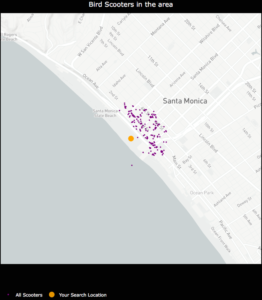 An example of how sparse scooter locations vs. highly concentrated scooter locations for a given Bird API call can create cluster distortion based on a static physical distance parameter in the DBSCAN algorithm. Left:Bird scooters in Brookline, MA. Right:Bird scooters in Santa Monica, CA.