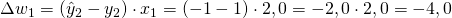 \Delta w_1 = (\^{y}_2 - y_2) \cdot x_1 = (-1 - 1) \cdot 2,0 = -2,0 \cdot 2,0 = -4,0