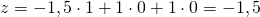 z = -1,5 \cdot 1 + 1 \cdot 0 + 1 \cdot 0 = - 1,5