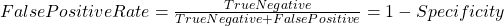 False Positive Rate = \frac{True Negative}{True Negative + False Positive} = 1 - Specificity