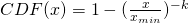 CDF(x) = 1 - (\frac{x}{x_{min}})^{-k}