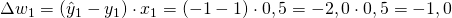 \Delta w_1 = (\^{y}_1 - y_1) \cdot x_1 = (-1 - 1) \cdot 0,5 = -2,0 \cdot 0,5 = -1,0