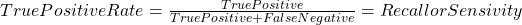 Rendered by QuickLaTeX.com True Positive Rate = \frac{True Positive}{True Positive + False Negative} = Recall or Sensivity