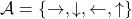 \mathcal{A} = \{\rightarrow, \downarrow,\leftarrow, \uparrow \}